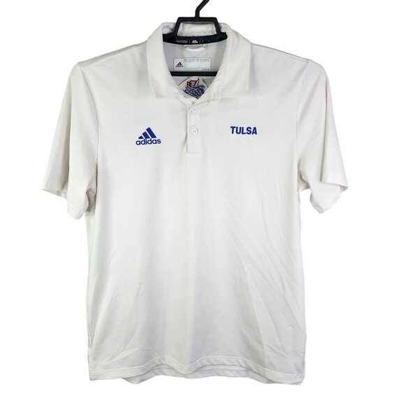 Mens White Adidas Polo Shirt Short Sleeve Embroidered Tulsa Logo Size L - Picture 1 of 14